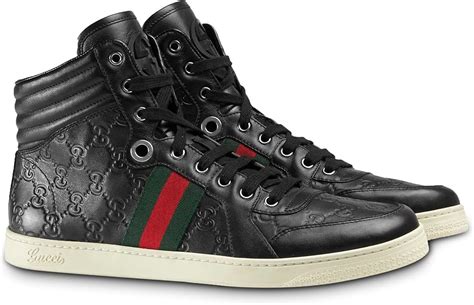 black and grey leather gucci logo high top shoes